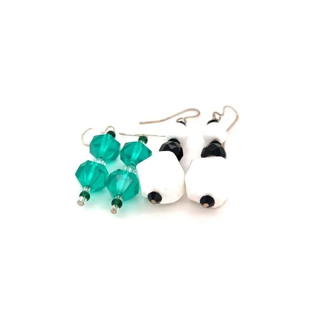 Green & White/Black‎ Dangle Earrings